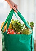 Woman holding grocery bag, close-up