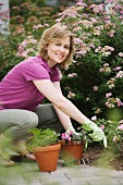 Woman gardening with potted plants