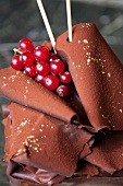 Chocolate cake topped with chocolate fans and redcurrants (close-up)