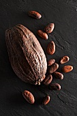 A cocoa pod and cocoa beans