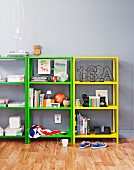 Simple, half-height shelving jazzed up with bright, retro colours