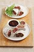 Rice paper rolls with beef tartar