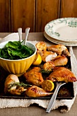 Lemon chicken with rosemary and honey, a side dish of spinach and kale