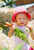 Mädchen erntet Karotten im Garten