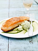 Salmon fillet, pan fried on one side and cucumber sorbet
