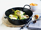 White cabbage parcels with sweet potato mash