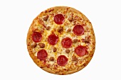 Whole Pepperoni and Sausage Pizza on a White Background; From Above