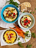 Assorted houmous served with grilled pita bread