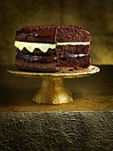 Three-layer chocolate cake on a cake stand
