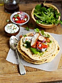 Flatbread with chicken, salad and sour cream