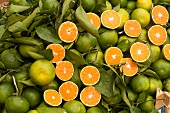 Many Fresh Organic Sicilian Oranges; Some Whole, Some Halved; Leaves