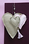 Hand-sewn linen hearts and hand-made tassel