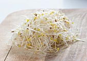 Alfalfa sprouts on a wooden board