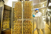 A worker rolling a transport trolley in a fish factory