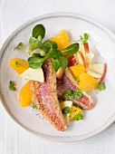 Red mullet with lamb's lettuce, asparagus and orange and apple pieces