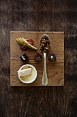Dessert Sampler; Chocolate Boka Negra, Pistachio Brittle, Blood Orange Panna Cotta and Shortbread; All on a Cutting Board