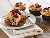 A berry muffin in a paper case, with a bite missing