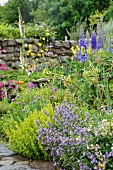 Cottagegarten mit blühenden Kräutern und Stauden vor Natursteinmauer