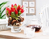 Red tulips and bulbs in glass vase