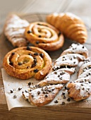 Raisin whirls, croissants and chocolate-chip puff pastry twists