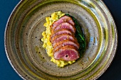 Roast lamb with spinach and sweetcorn