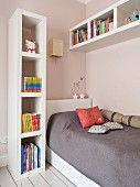 Teen bedroom, sleeping area with white book shelving