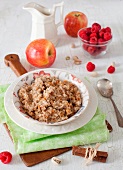 Bowl of Oatmeal with Apples, Raspberries and Cinnamon