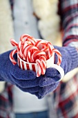 Hands holding mug of candy canes