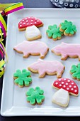 Toadstool, pig and clover leaf-shaped biscuits