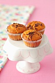 Muffins with chocolate chips on a cake stand