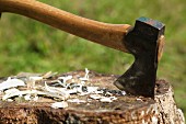 A wooden block with an axe and wood shavings