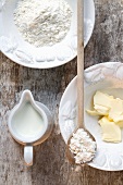 Baking ingredients: flour, butter and milk