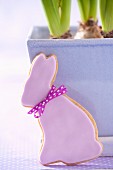 An Easter rabbit-shaped biscuit in front of a blue flowerpot
