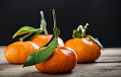 Four clementines with leaves on a wooden table