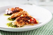 Sliced Roasted Chicken Served Over Pesto with Red Onion, Yellow Squash, and Tomato Salad