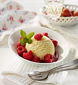 Vanilla ice cream with raspberries from a jar
