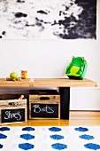 Reducing hallway clutter, wooden boxes with little blackboards - created with chalkboard paint - with writing on them