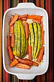 Roasted Squash and Carrots in a Baking Dish