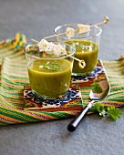 Coriander soup with curd cheese skewers
