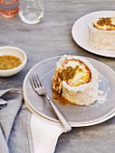 Meringue roulade with lime mascarpone and passion fruit sauce