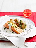 Fried salmon fillet with fried potatoes