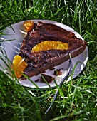 A slice of chocolate and orange torte on a plate in the grass