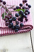 A sprig of aronia berries on a striped towel
