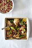 Baked chicken thighs with lime, basil and leeks, and avo-and-tomato wild rice