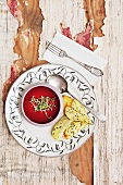 Beetroot soup with thyme and potato wedges