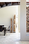 Wooden sculptures decorating modern dining area