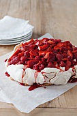 Pavlova with strawberries and raspberries