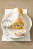 Sponge roll with basil & mascarpone cream and strawberries