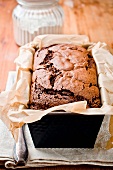 Chocolate cake baked in a loaf tin