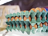 Braune Eier in gestapelten Eierkartons